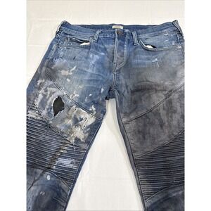 True Religion MEN 30X29 Rocco Moto BLUE TEAR PAINT  GRUNGE RELAXED SKINNY JEANS